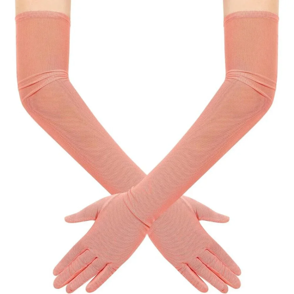 Women's Tulle Mesh Coral Long Stretchy Gloves Halloween Party Wedding Costume